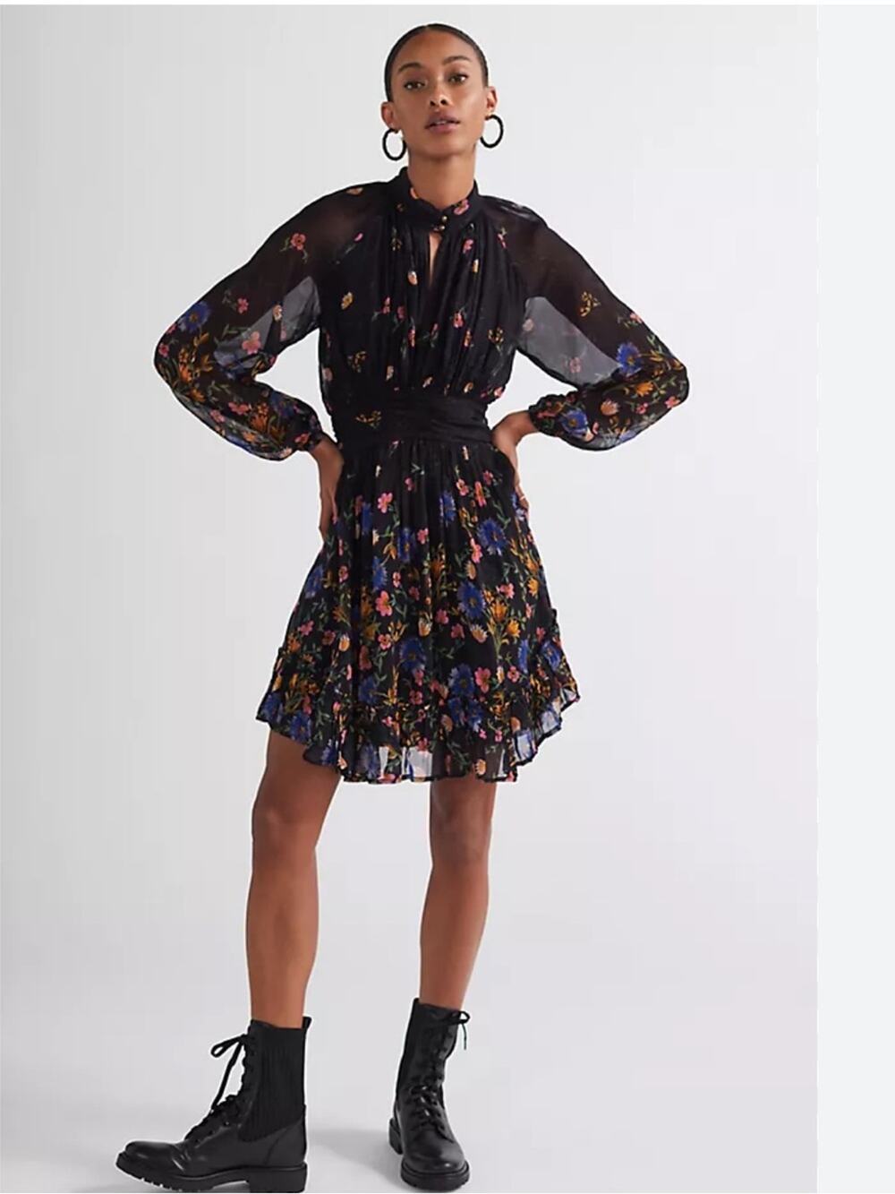 Anthropologie Wildflower Floral Long Balloon Sleeve Dress Sz 14